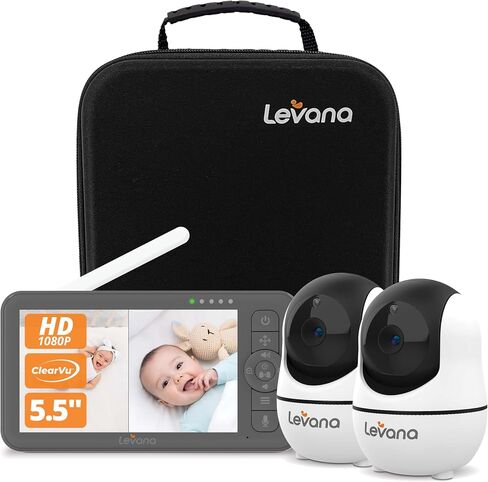 جهاز مراقبة الأطفال فيديو Levana Nala بدون WiFi، كاميرات PTZ 2X 1080P، شاشة 5.5 بوصة 1080P، رؤية ليلية، نطاق 1000 قدم، بطارية 5000 مللي أمبير، حقيبة حمل، ضمان لمدة عامين in Saudi Arabia