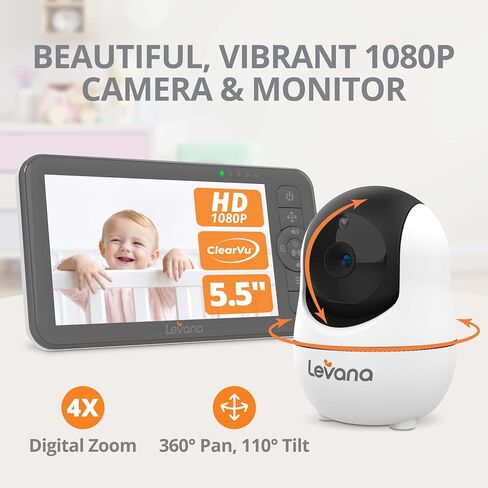 جهاز مراقبة الأطفال فيديو Levana Nala بدون WiFi، كاميرات PTZ 2X 1080P، شاشة 5.5 بوصة 1080P، رؤية ليلية، نطاق 1000 قدم، بطارية 5000 مللي أمبير، حقيبة حمل، ضمان لمدة عامين in Saudi Arabia
