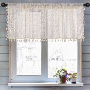 Boho Crochet Window Tiers Curtains Cafe Beige Floral 36 Inch Long Kitchen Curtain with Tassels Sheer Hallow Knitted Vintage Chic Short Farmhouse Window Treatment, Single Panel in Kuwait