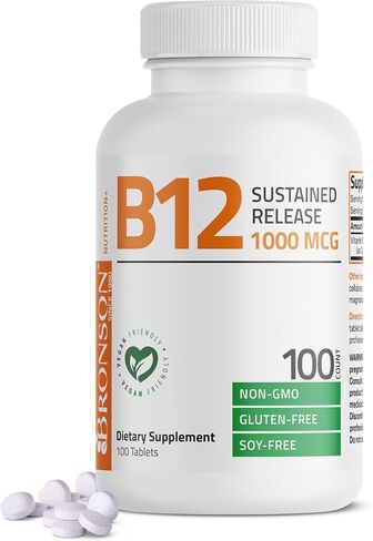 Bronson Vitamin B12 1000 MCG (B12 Vitamin as Cyanocobalamin) Sustained Release Premium Non GMO Tablets Supports Nervous System, Healthy Brain Function and Energy Production, 180 Tablets in Kuwait