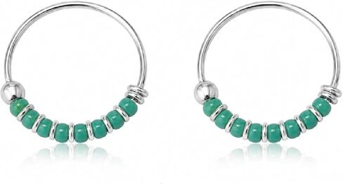 925 Sterling Silver Pair of Small 12mm Turquoise Beaded Hoop Earrings - Dainty Trendy Chici Hoops | Handmade by MiYa Jewelry Creations in Kuwait