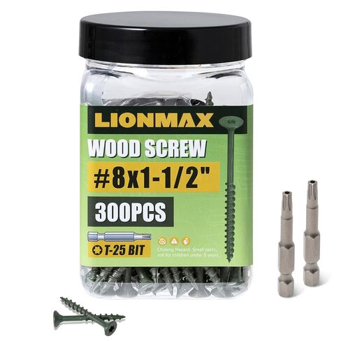 LIONMAX Deck Screws 1-1/2 Inch, Wood Screws #8 x 1-1/2", 300 PCS, Rust Resistant, Exterior Epoxy Coated, Outdoor Decking Screws, Torx/Star Drive Head Screw, T25 Star Bit Included, Green in Kuwait