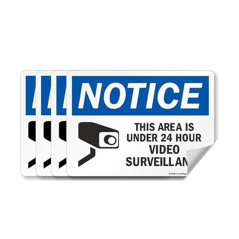 ملصقات SmartSign (عبوة من 4 قطع) مقاس 12.7 × 17.78 سم "ملاحظة - هذه المنطقة تحت مراقبة الفيديو لمدة 24 ساعة" ملصقات مع رمز، 5 مل بوليستر مصفح مع لاصق SuperStick، أزرق، أسود وأبيض in Kuwait