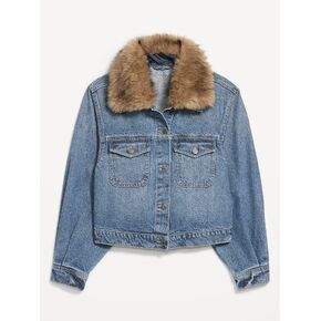 Old Navy Faux-Fur Collar Cropped Denim Trucker Jacket - Medium Wash in Kuwait