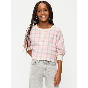 Old Navy CozePlush Waffle Knit Henley Top for Girls - White/Gray Plaid in Kuwait