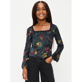 Old Navy Long-Sleeve Floral Velour Top for Girls - Black Floral in Kuwait