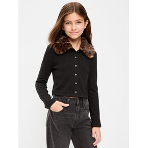 Old Navy Cropped Faux-Fur Collar Cardigan Sweater for Girls - Leopard in Kuwait