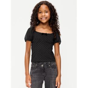 Old Navy Puff-Sleeve Textured Mesh Top for Girls - Black Jack in Kuwait
