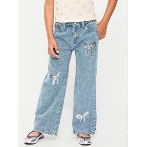 Old Navy High-Waisted Baggy Embellished Wide-Leg Jeans for Girls - Light Wash (Shiny Bows) in Kuwait
