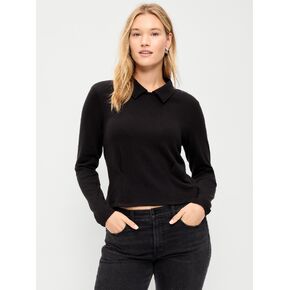 Old Navy Long-Sleeve Brushed-Jersey Polo Top - Black Jack in Kuwait