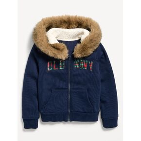 Old Navy Fitted Faux-Fur Logo Graphic Full-Zip Hoodie for Girls - In the Navy in Kuwait