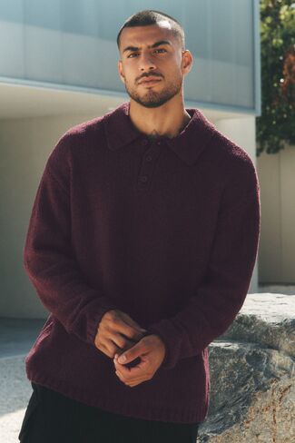Alo Yoga Textured Knit Long Sleeve Polo - Rich Bordeaux in Kuwait