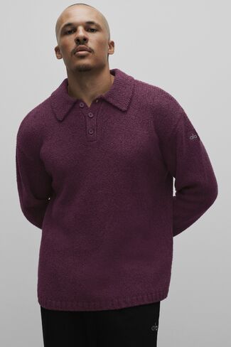Alo Yoga Textured Knit Long Sleeve Polo - Rich Bordeaux in Kuwait