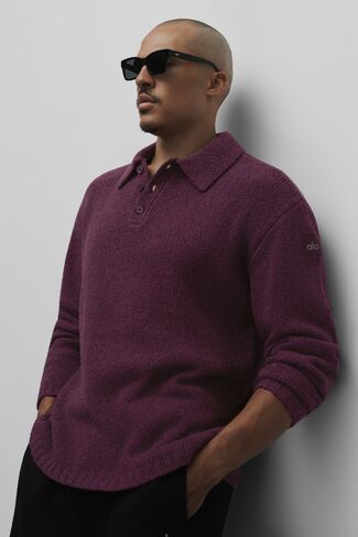 Alo Yoga Textured Knit Long Sleeve Polo - Rich Bordeaux in Kuwait