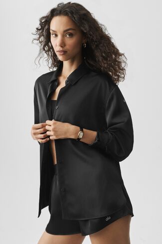 Alo Yoga Satin Smooth Talker Button Up - Black in Kuwait