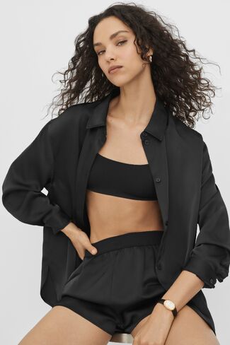 Alo Yoga Satin Smooth Talker Button Up - Black in Kuwait
