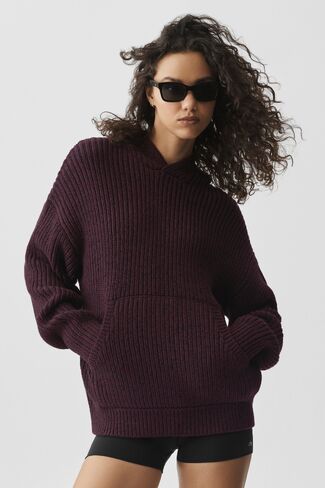 Alo Yoga Chunky Knit Rewind Hoodie  - Rich Bordeaux Multi in Kuwait