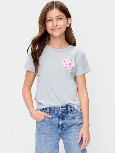 Old Navy Softest Short-Sleeve Heart-Pocket T-Shirt for Girls - Pink Floral in Kuwait