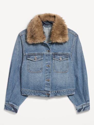 Old Navy Faux-Fur Collar Cropped Denim Trucker Jacket - Medium Wash in Kuwait