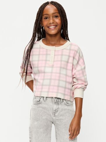Old Navy CozePlush Waffle Knit Henley Top for Girls - White/Gray Plaid in Kuwait