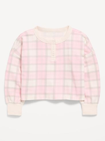 Old Navy CozePlush Waffle Knit Henley Top for Girls - White/Gray Plaid in Kuwait