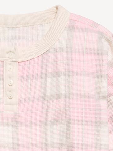 Old Navy CozePlush Waffle Knit Henley Top for Girls - White/Gray Plaid in Kuwait