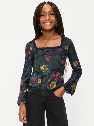 Old Navy Long-Sleeve Floral Velour Top for Girls - Black Floral in Kuwait