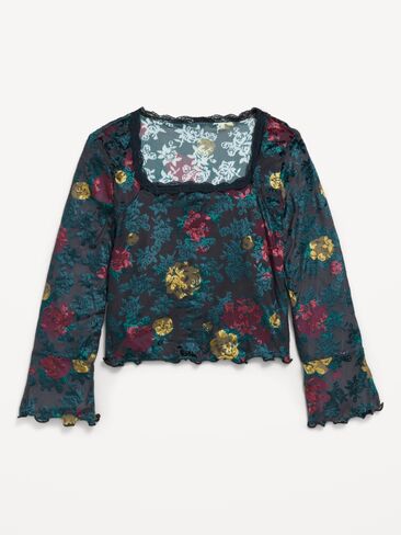 Old Navy Long-Sleeve Floral Velour Top for Girls - Black Floral in Kuwait