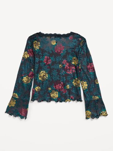 Old Navy Long-Sleeve Floral Velour Top for Girls - Black Floral in Kuwait
