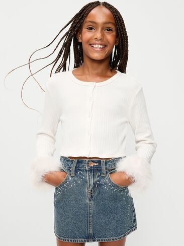 Old Navy Cropped Faux-Fur Cuff Cardigan Sweater for Girls - Creme De La Creme in Kuwait
