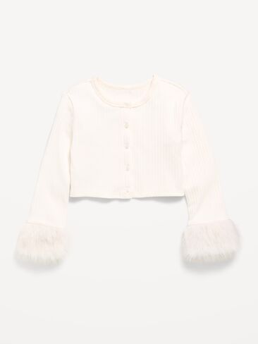 Old Navy Cropped Faux-Fur Cuff Cardigan Sweater for Girls - Creme De La Creme in Kuwait