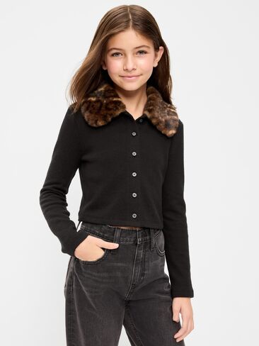 Old Navy Cropped Faux-Fur Collar Cardigan Sweater for Girls - Leopard in Kuwait