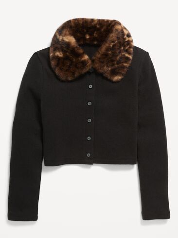 Old Navy Cropped Faux-Fur Collar Cardigan Sweater for Girls - Leopard in Kuwait