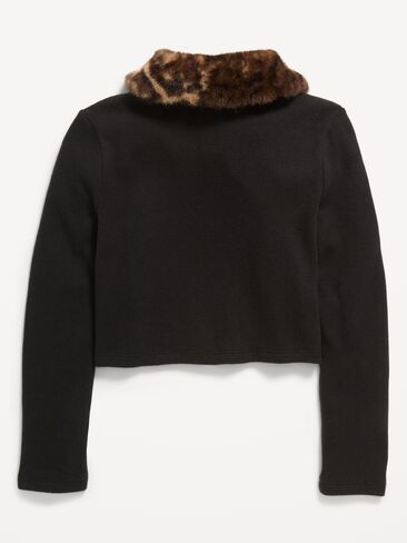 Old Navy Cropped Faux-Fur Collar Cardigan Sweater for Girls - Leopard in Kuwait