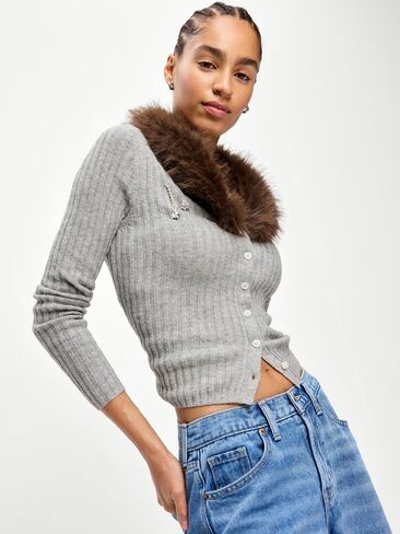 Old Navy SoSoft Faux-Fur Collar Cardigan - Light Gray in Kuwait