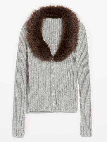 Old Navy SoSoft Faux-Fur Collar Cardigan - Light Gray in Kuwait