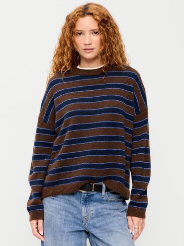 Old Navy Loose Wool-Blend Crew-Neck Sweater - Blue/Brown Stripe in Kuwait