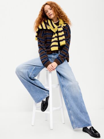Old Navy Loose Wool-Blend Crew-Neck Sweater - Blue/Brown Stripe in Kuwait