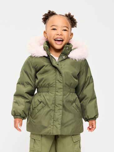 Old Navy Faux-Fur Trim Parka Jacket for Toddler Girls - Olive Through This in Kuwait