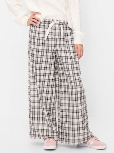 Old Navy Pull-On Wide-Leg Flannel Plaid Pants for Girls - White/Gray Plaid in Kuwait