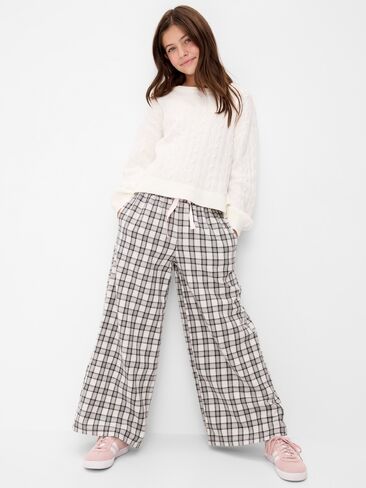 Old Navy Pull-On Wide-Leg Flannel Plaid Pants for Girls - White/Gray Plaid in Kuwait