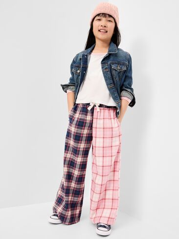 Old Navy Pull-On Wide-Leg Flannel Plaid Pants for Girls - Pink Plaid in Kuwait