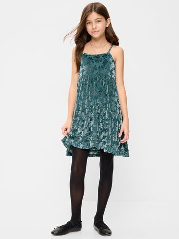 Old Navy Sleeveless Fit and Flare Floral Velour Dress for Girls - Jade Shadow in Kuwait