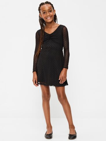 Old Navy Fit and Flare Polka-Dot Mesh Dress for Girls - Black Dots in Kuwait