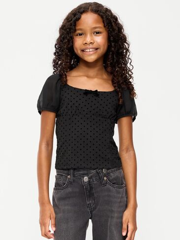 Old Navy Puff-Sleeve Textured Mesh Top for Girls - Black Jack in Kuwait