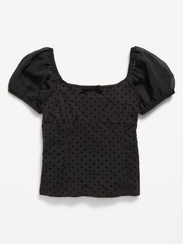 Old Navy Puff-Sleeve Textured Mesh Top for Girls - Black Jack in Kuwait