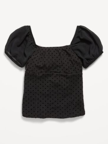 Old Navy Puff-Sleeve Textured Mesh Top for Girls - Black Jack in Kuwait
