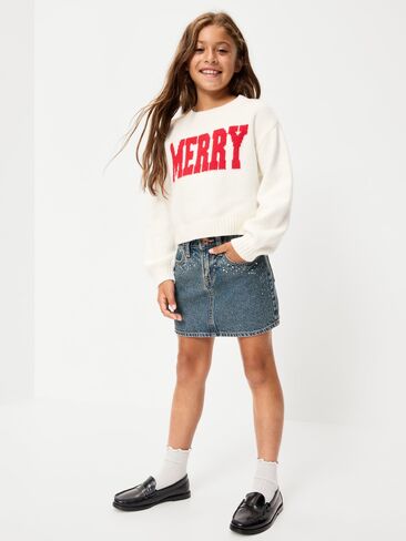 Old Navy Embellished Denim Skirt for Girls - Tinted Light Wash in Kuwait