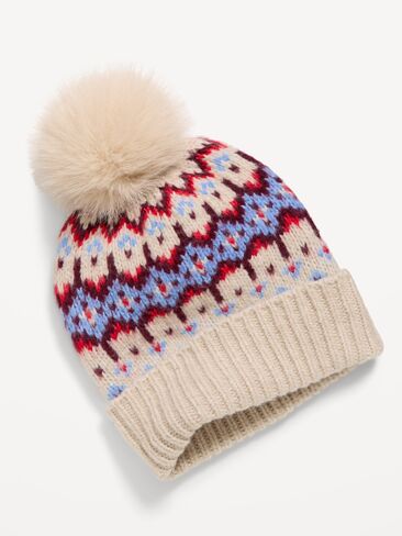Old Navy Fair Isle Pom-Pom Beanie for Women - Fair Isle White in Kuwait