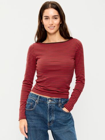 Old Navy Snug Long-Sleeve Boatneck T-Shirt - Red/Brown Stripe in Kuwait